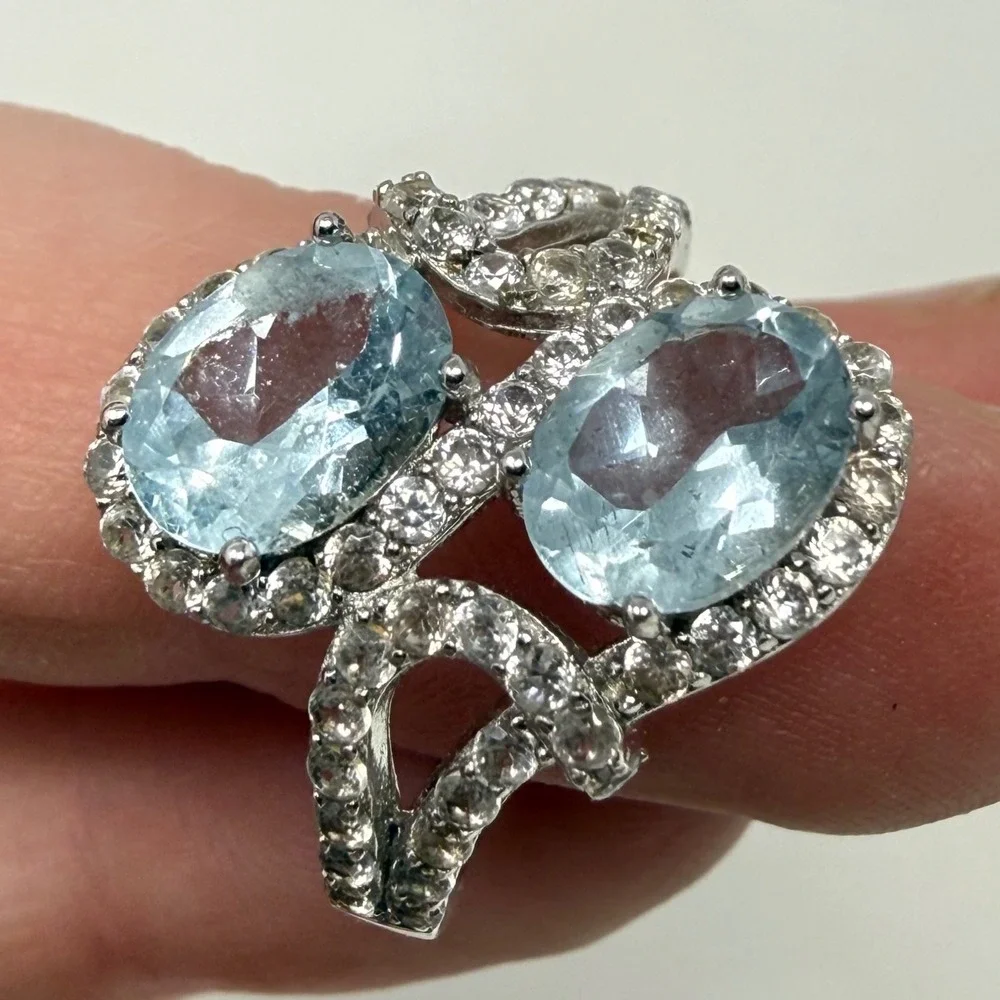 925 Sterling Silver Blue Topaz Aquamarine Bypass Halo Ring Size 7 FZN CN‎